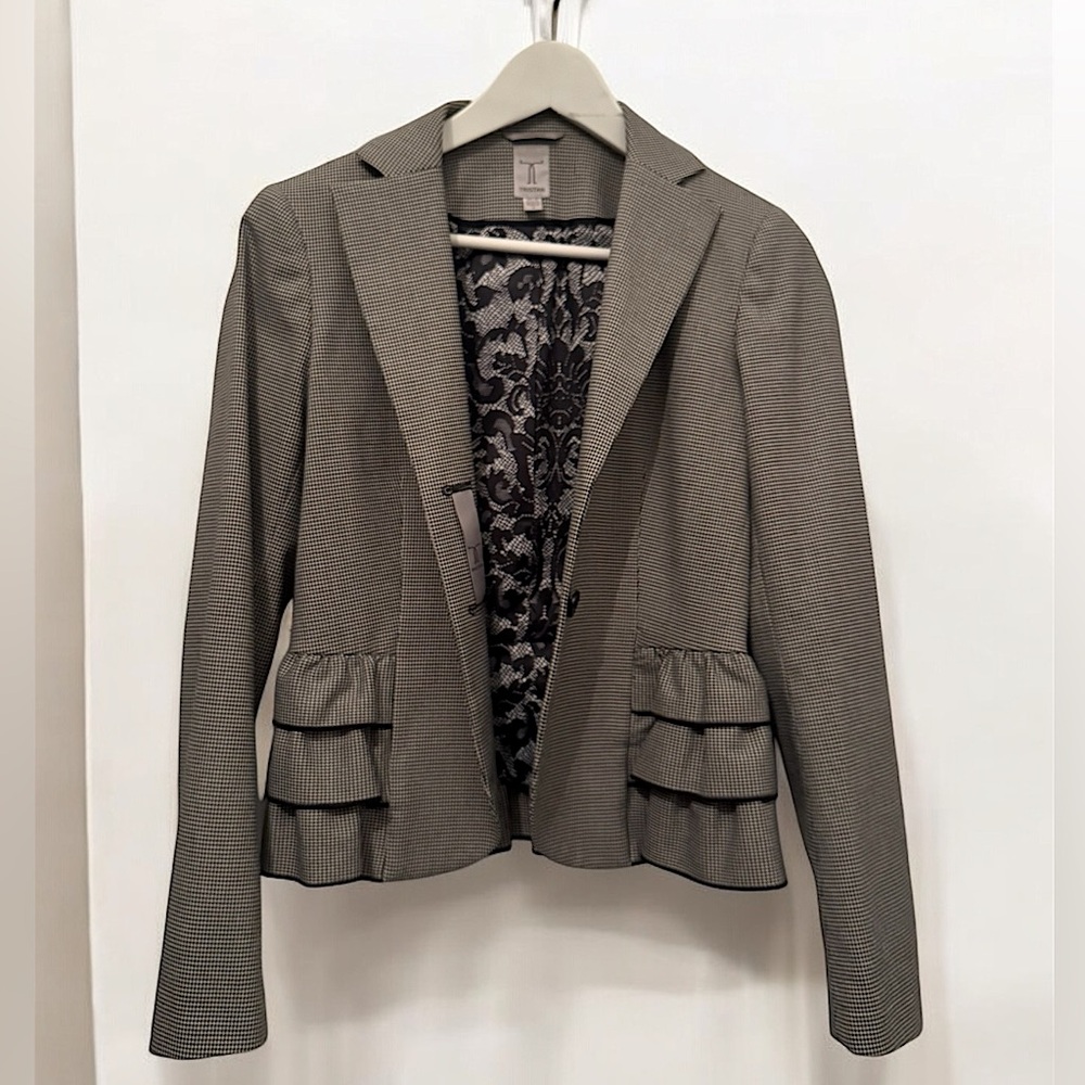Vintage Tristan Houndstooth Fitted Ruffle Blazer